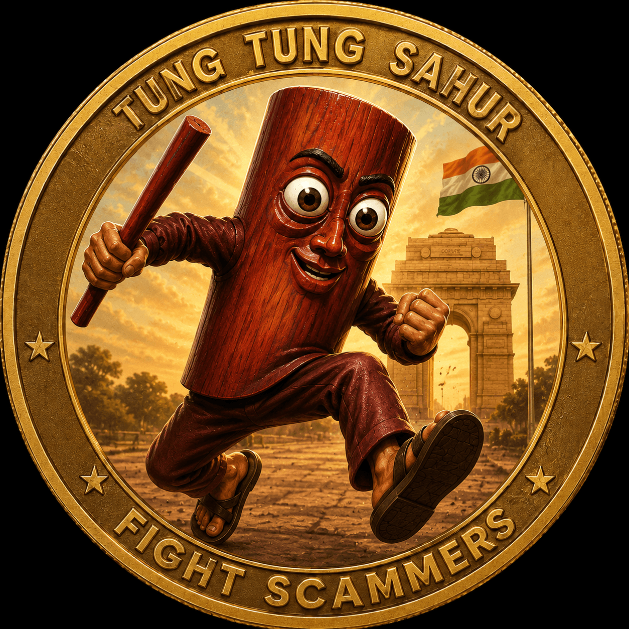 Tung Tung Sahur running with a bonk stick in front of India Gate